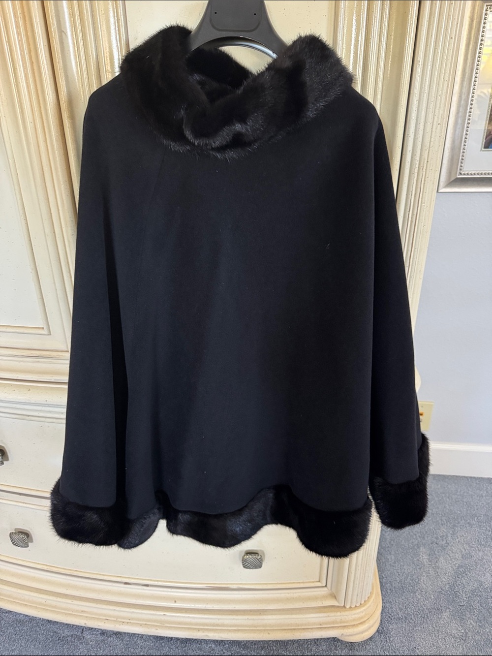 Cole Haan Collection Black Rabbitt Fur-Trim Capr/Poncho
